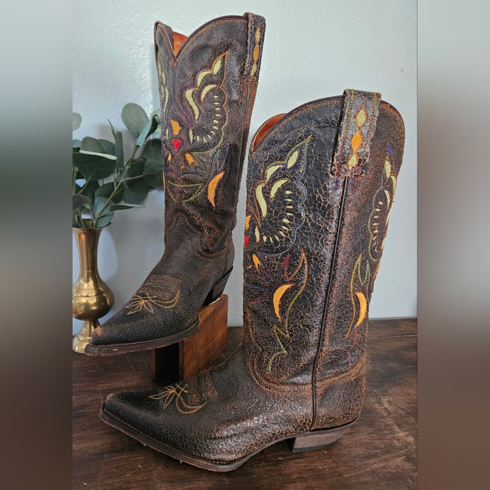 VTG Team West Distressed Leather Cowboy Boots Snip Toe Multicolor Embroidered 9